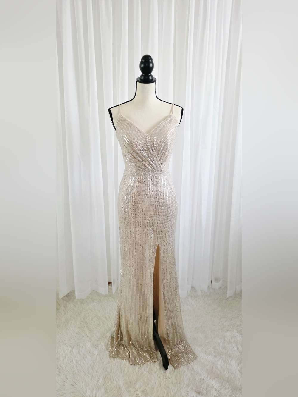 Sequin Champagne V-Neck Spaghetti Strap Evening Dress